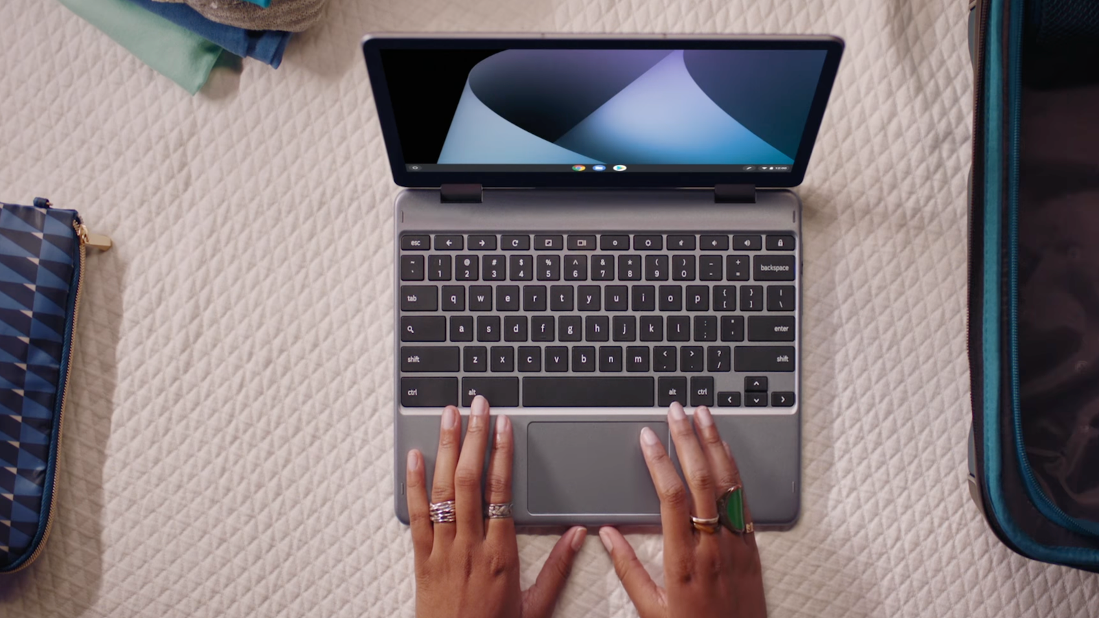 Chromebook on a fabric table