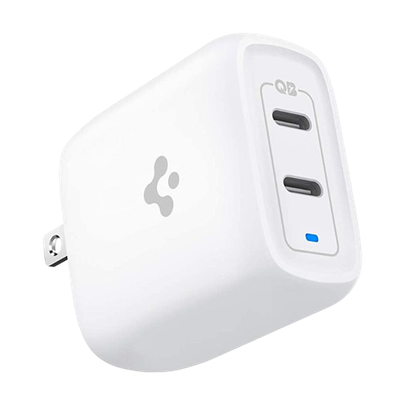 A render of the Spigen 40W dual USB C charger in white color.