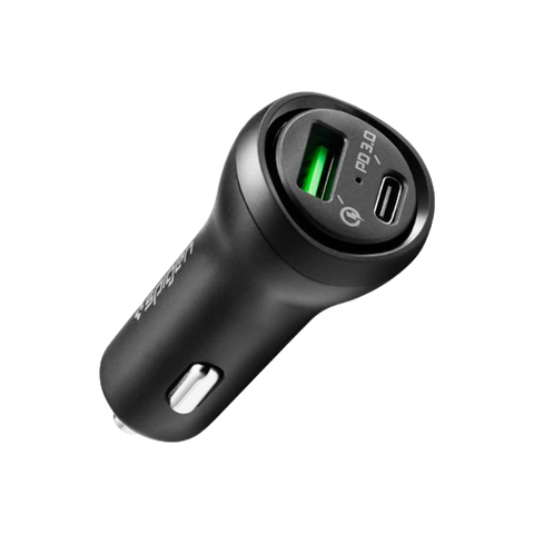 A render of the Spigen dual port 45W car charger in black color.