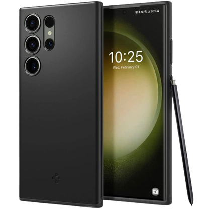 A render of the Spigen Thin fit case for the Galaxy S23 Ultra in black color.