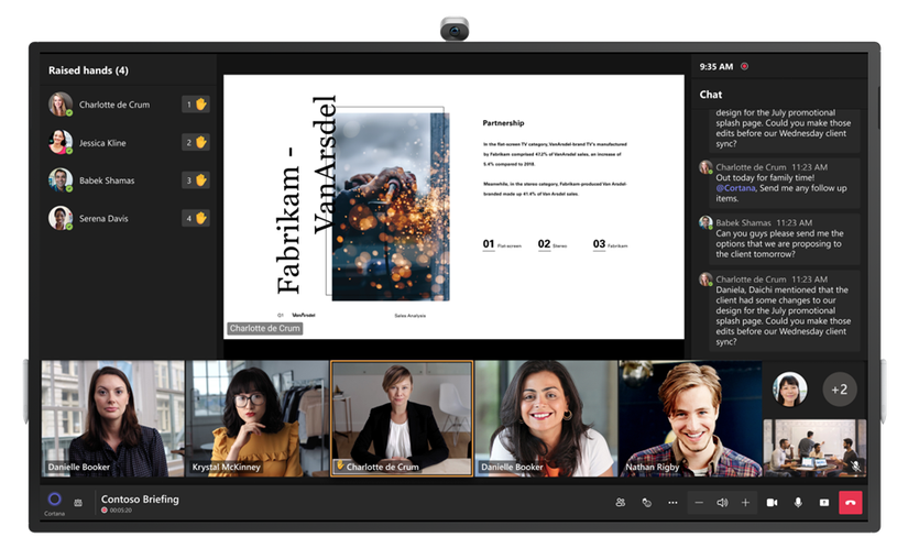 A Surface Hub 2S with Teams Rooms displaying a meeting interface with chat and front row enabled