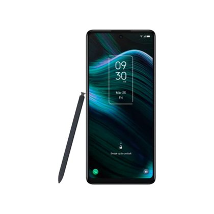 A render of the TCL Stylus 5G in black color with a stylus next to it.