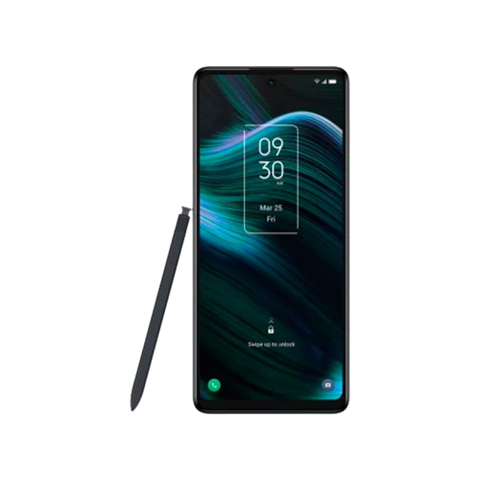 A render of the TCL Stylus 5G in black color with a stylus next to it.