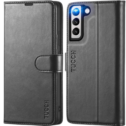 A render of the TUCCH wallet case for the Galaxy S22+ in black color.