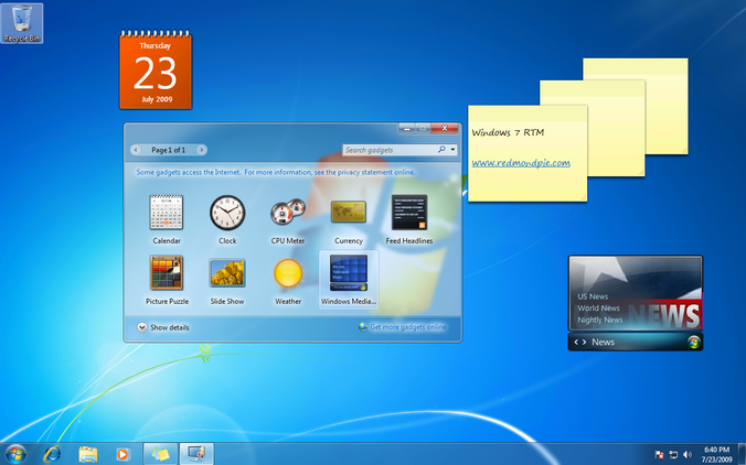 Screenshot of a Windows 7 desktop with gadgets placed around the screen