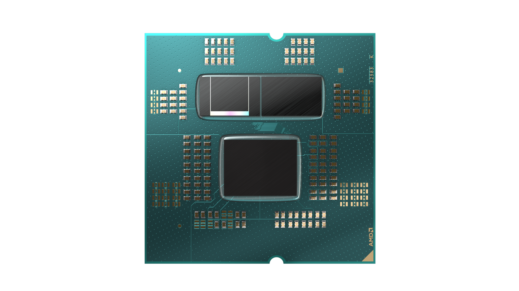 A render of a Ryzen 7000 CPU with 3D V-Cache and two CCDs.