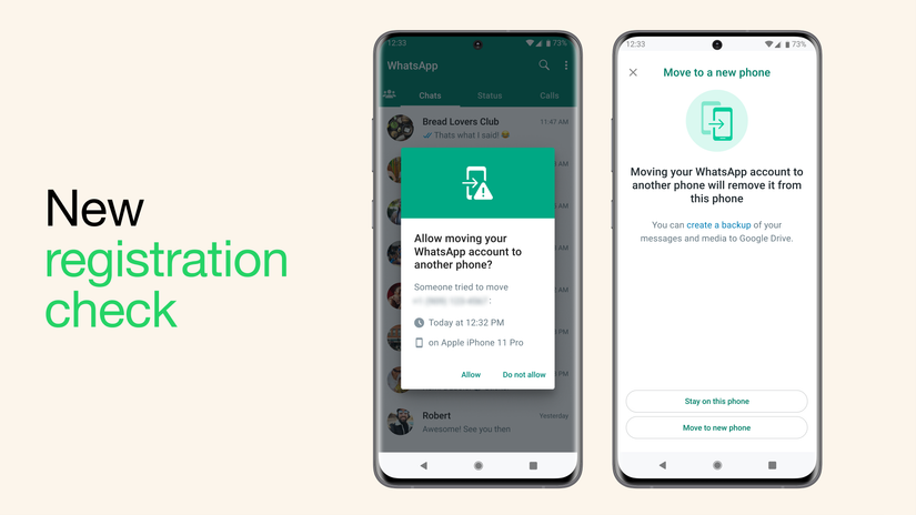 WhatsApp Account Protect showing a authorization request on the old device