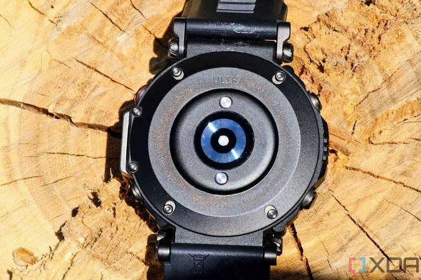 Amazfit T-Rex Ultra back showing the BioTracker senso and charging contacts