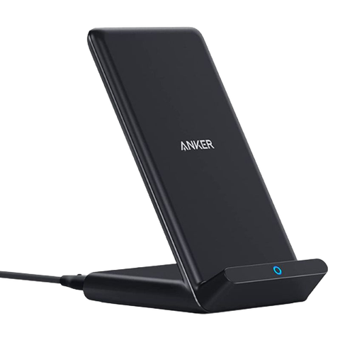 A render showing the Anker 313 wireless charging stand in black color with blue-colored LED lights at the bottom.