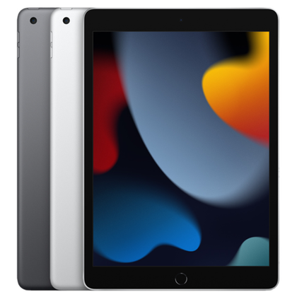 Apple iPad 9th Gen (2021) render with two color options and one showing the display