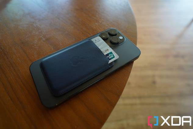Apple MagSafe Leather Wallet attached to iPhone