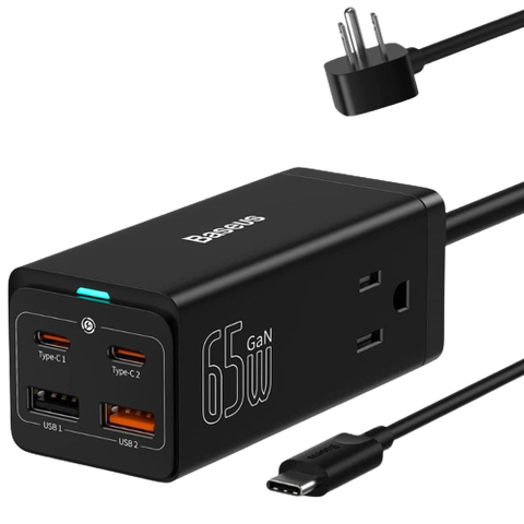 A render of the Baseus 65W GaN charger with multiple ports and an outlet extender in black color.
