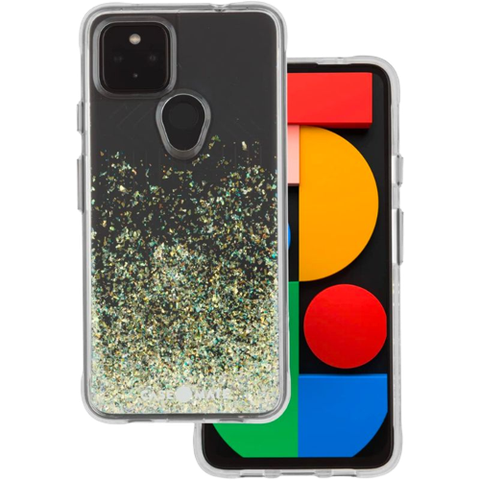 A render showing the Case-Mate TPU case for Google Pixel 5 with a stardust glitter design at the back.