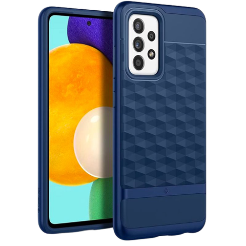 A render showing the Caseology Parallax case in blue color installed on a Galaxy A52 unit.