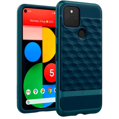 A render showing a blue-colored Caseology Parallax case installed on a Google Pixel 5.