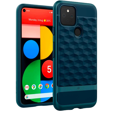 A render showing a blue-colored Caseology Parallax case installed on a Google Pixel 5.