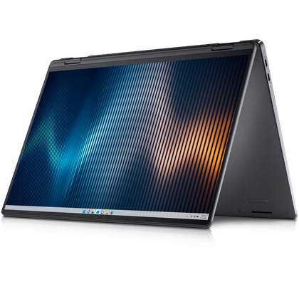 Angled front view of the Dell Latitude 9440 in tent mode facing left
