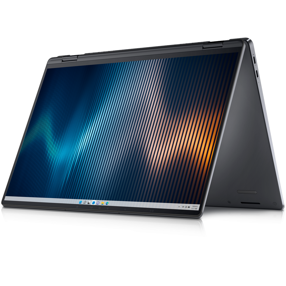Angled front view of the Dell Latitude 9440 in tent mode facing left