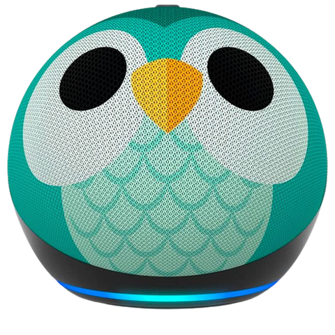 A render showing the 5th gen Echo Dot speaker for kids with an owl design on the fabric cover.