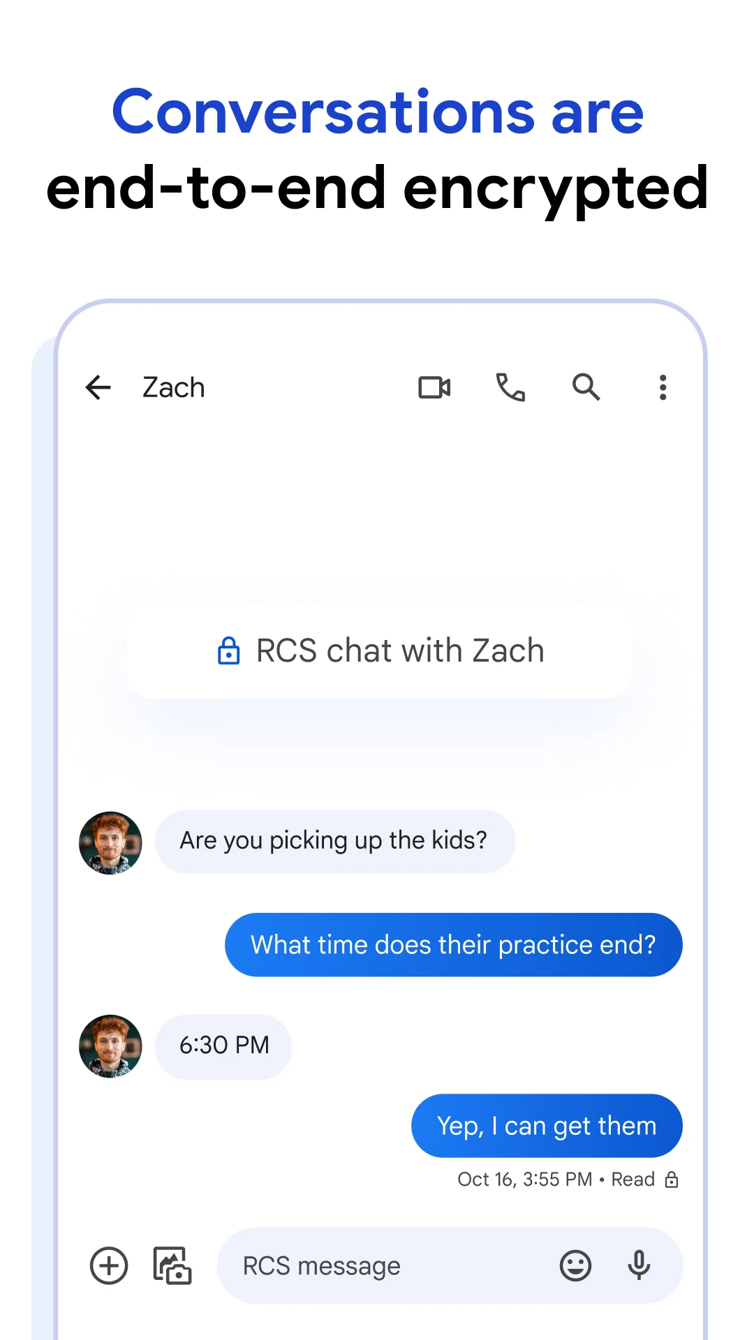A promotional image for Google Messages showing a chat window with an active conversation with white and blue-colored chat bubbles.
