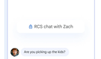 A promotional image for Google Messages showing a chat window with an active conversation with white and blue-colored chat bubbles.