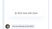 A promotional image for Google Messages showing a chat window with an active conversation with white and blue-colored chat bubbles.