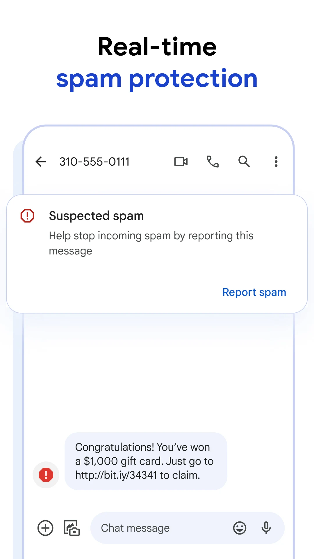 A promotional image for Google Messages showing a chat window with a suspected spam alert.