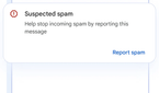 A promotional image for Google Messages showing a chat window with a suspected spam alert.