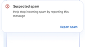 A promotional image for Google Messages showing a chat window with a suspected spam alert.