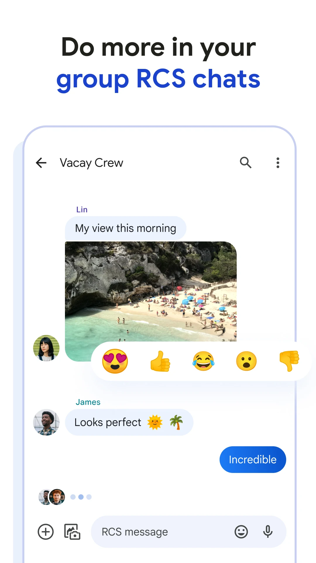 A promotional image for Google Messages showing a chat window with an active conversation with white and blue-colored chat bubbles.