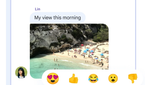 A promotional image for Google Messages showing a chat window with an active conversation with white and blue-colored chat bubbles.