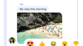 A promotional image for Google Messages showing a chat window with an active conversation with white and blue-colored chat bubbles.