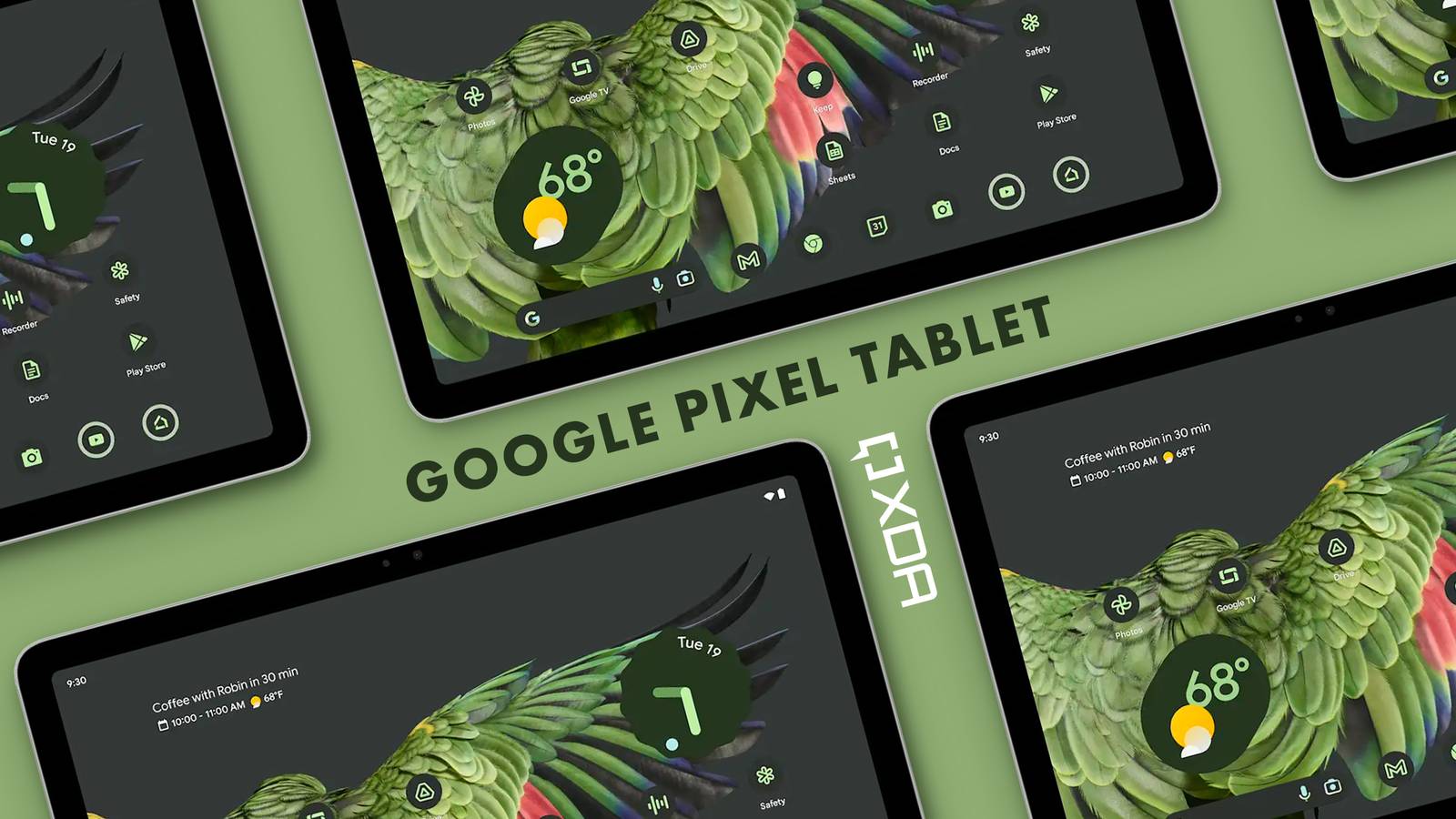A render showing a collection of Google Pixel tablet over a green-colored background with their display turned on.