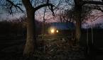 Photo of a barn with a light on inside at night through trees