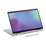 Angled front view of the HP Envy x360 14 facing right transparent background with stylus