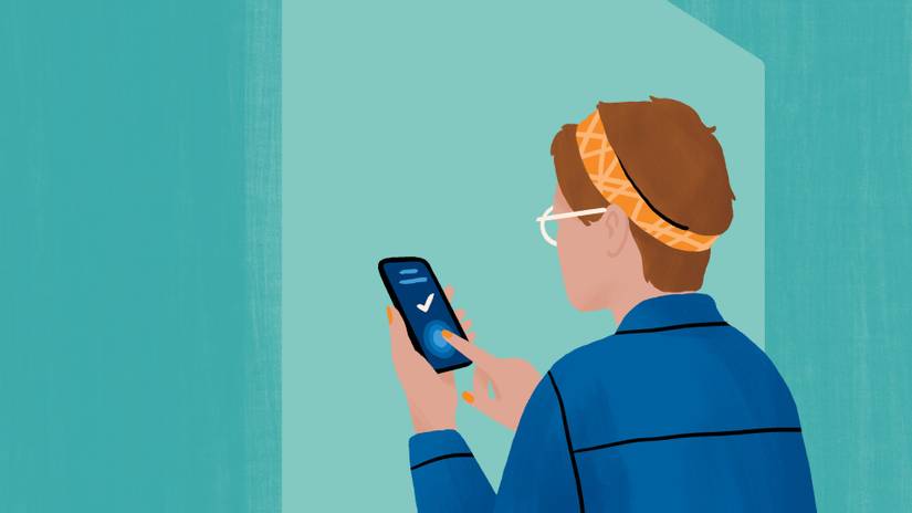 A drawn image of a person pressing their finger to the screen of a smartphone. There is a check symbol on the screen. 