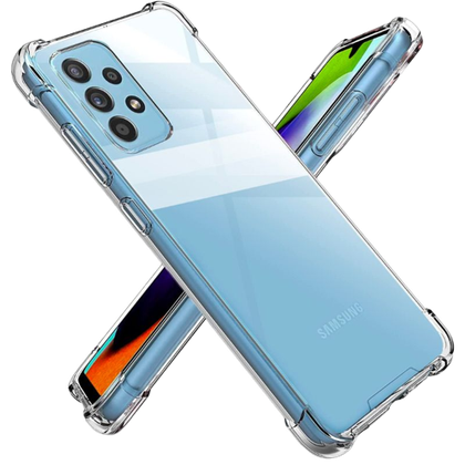 A render showing the KIOMY clear case installed on a blue colored Galaxy A52.