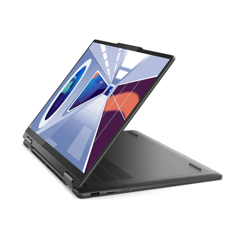 Angled front of the Lenovo Yoga 7i 14-inch laptop in stand mode facing left