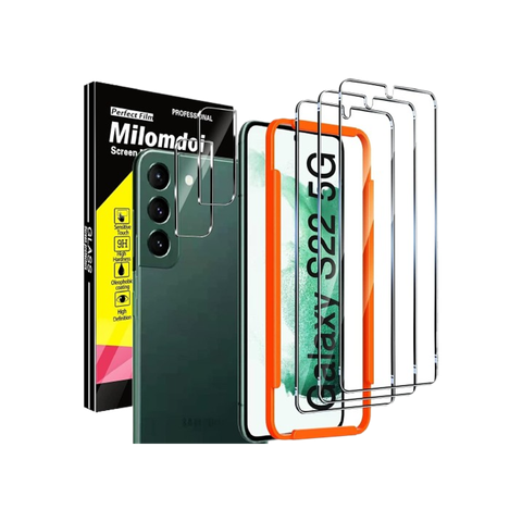 Milomdoi Tempered Glass for Galaxy S22 on transparent background.