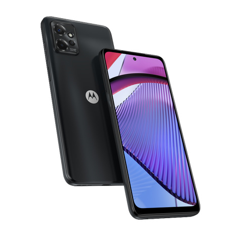 Motorola G Power 2023 on transparent background, floating, showing off front and back of the phone