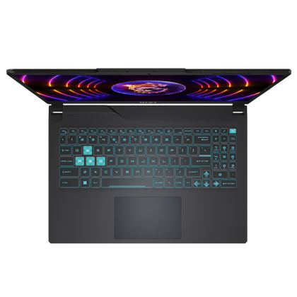 Overhead view of the MSI Cyborg 15 laptop with the lid open