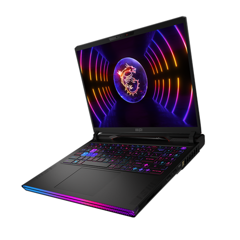 Angled front view of the MSI Raider GE68 HX laptop facing left