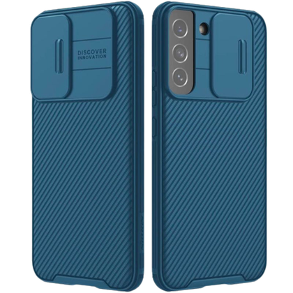 A render of the Nillkin CamShield case for Galaxy S22 in blue color.