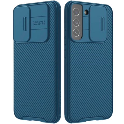 A render of the Nillkin CamShield case for Galaxy S22 in blue color.
