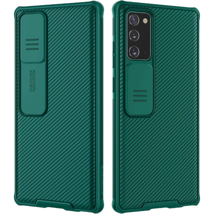 A render showing a green-colored Nillkin CamShield Pro case installed on a Samsung Galaxy Note 20.