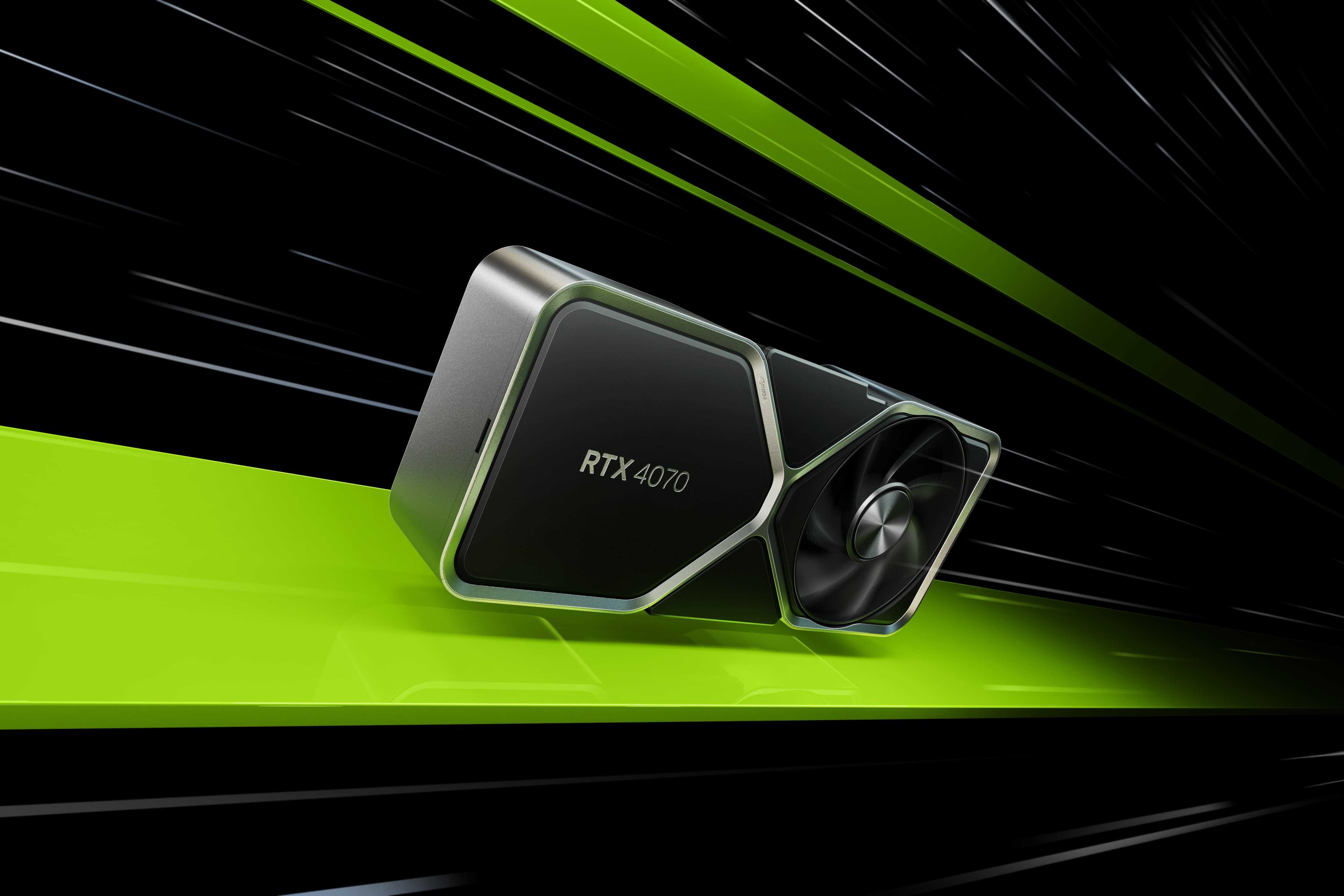 NVIDIA GeForce RTX 4070 Founders Edition GPU on a black and greed background