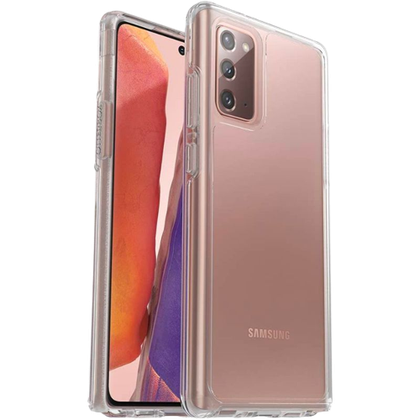 A render showing the OtterBox Symmetry case installed on a Galaxy Note 20.