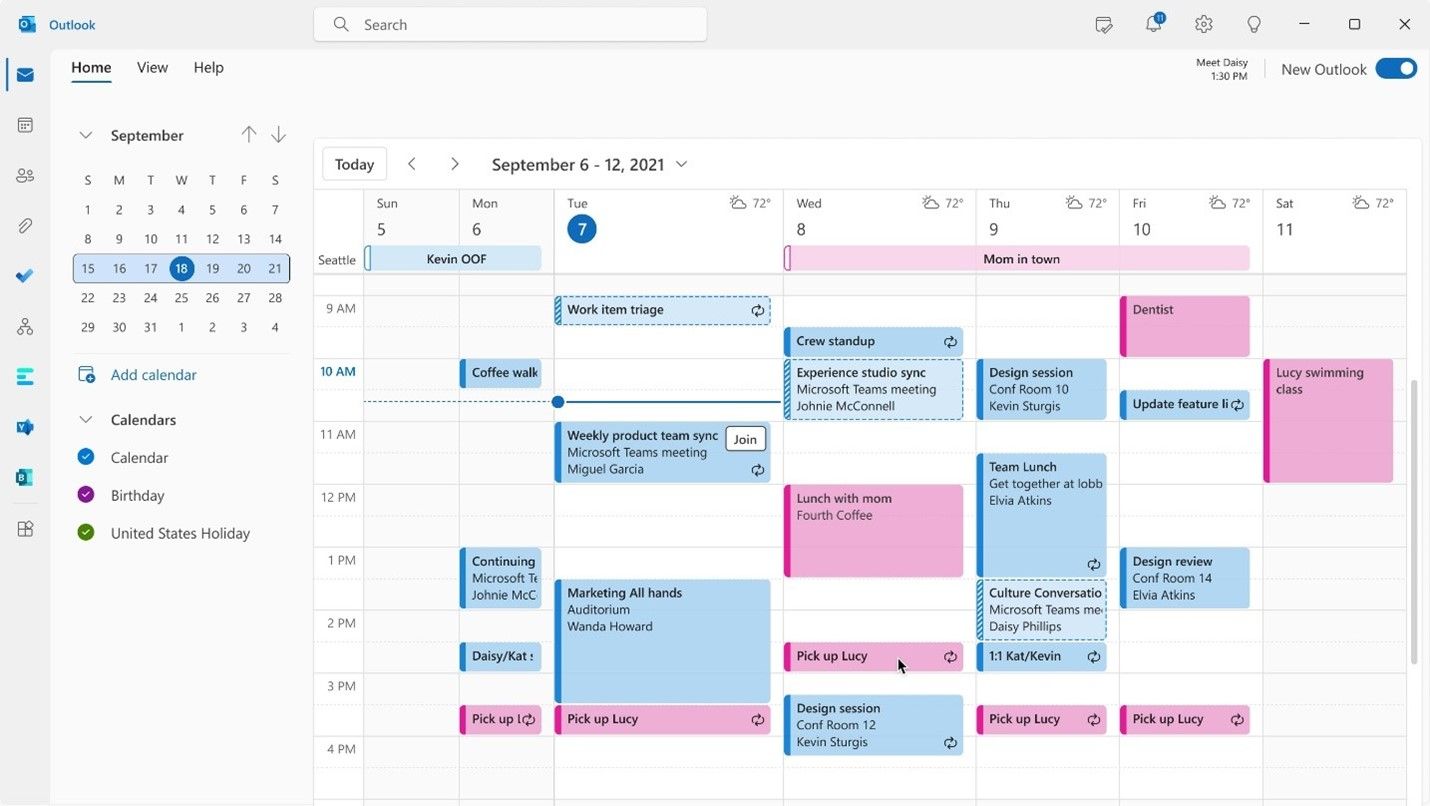 Captura de pantalla del nuevo diseño de la vista de calendario en Outlook para Windows