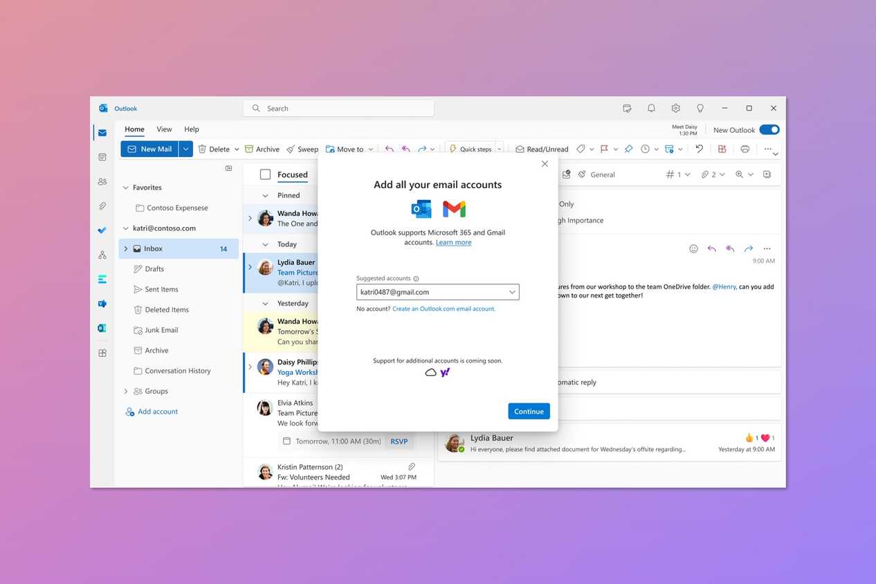 Screenshot of the Outlook app with the option to add Gmail accounts over a gradient pink and purple background