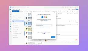 Screenshot of the Outlook app with the option to add Gmail accounts over a gradient pink and purple background